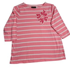 Bob Mackie Women's Pink Striped 3/4 Sleeve Top with Floral Applique Coastal Gran
